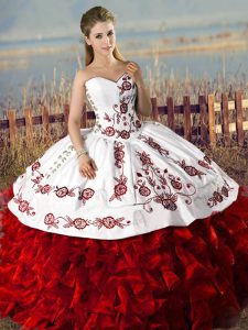 White And Red Organza Lace Up Quince Ball Gowns Sleeveless Floor Length Embroidery and Ruffles