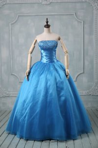 Dazzling Baby Blue Lace Up Strapless Beading and Sequins Quinceanera Dress Organza Sleeveless