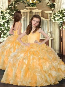 Gold Sleeveless Ruffles Floor Length Kids Pageant Dress