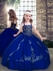 Custom Design Floor Length Royal Blue Little Girls Pageant Gowns Lace Sleeveless Beading