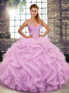 Floor Length Lace Up 15th Birthday Dress Lilac for Military Ball and Sweet 16 and Quinceanera with Beading and Ruffles