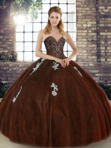 Floor Length Brown Quinceanera Dresses Tulle Sleeveless Beading and Appliques