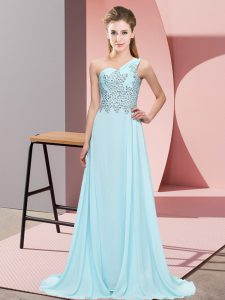 Light Blue Chiffon Side Zipper One Shoulder Sleeveless Floor Length Dress for Prom Beading