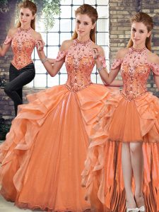 Fabulous Halter Top Sleeveless Organza Vestidos de Quinceanera Beading and Ruffles Lace Up