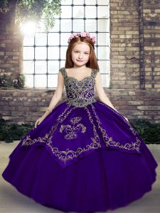 Purple Sleeveless Floor Length Embroidery Lace Up Little Girls Pageant Gowns
