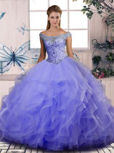 Ball Gowns Quinceanera Gowns Lavender Off The Shoulder Tulle Sleeveless Floor Length Lace Up