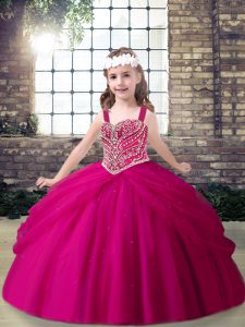 Trendy Floor Length Ball Gowns Sleeveless Fuchsia Little Girl Pageant Gowns Lace Up