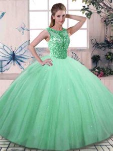 Elegant Apple Green Ball Gowns Scoop Sleeveless Tulle Floor Length Lace Up Beading Sweet 16 Dresses