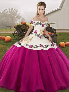 Fuchsia Off The Shoulder Neckline Embroidery Quinceanera Gown Sleeveless Lace Up