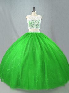 Scoop Sleeveless 15 Quinceanera Dress Floor Length Beading Green Tulle