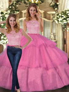 Floor Length Two Pieces Sleeveless Hot Pink Sweet 16 Dresses Lace Up