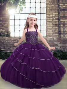 Sleeveless Tulle Floor Length Lace Up Glitz Pageant Dress in Eggplant Purple with Beading and Ruffled Layers