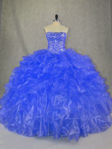 Beauteous Sleeveless Organza Floor Length Lace Up Quinceanera Gown in Blue with Beading and Ruffles