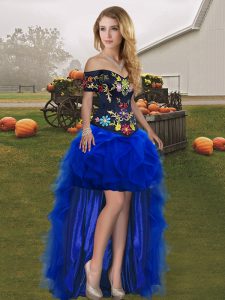 Tulle Off The Shoulder Sleeveless Lace Up Embroidery and Ruffles Prom Evening Gown in Royal Blue
