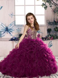 Stunning Fuchsia Lace Up Little Girl Pageant Gowns Beading and Ruffles Sleeveless Floor Length