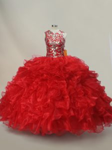 Comfortable Scoop Sleeveless Organza 15 Quinceanera Dress Ruffles and Sequins Lace Up