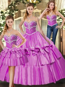 Top Selling Lilac Three Pieces Beading and Ruffled Layers Sweet 16 Dress Lace Up Satin Sleeveless Floor Length