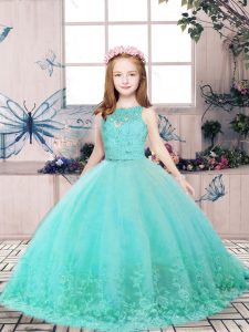 Sleeveless Floor Length Lace and Appliques Backless Child Pageant Dress with Aqua Blue
