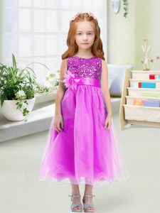 Lilac Sleeveless Tea Length Sequins and Hand Made Flower Zipper Flower Girl Dress