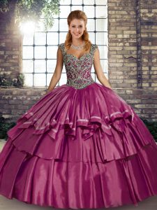 Latest Sleeveless Taffeta Floor Length Lace Up 15th Birthday Dress in Fuchsia with Beading and Ruffled Layers
