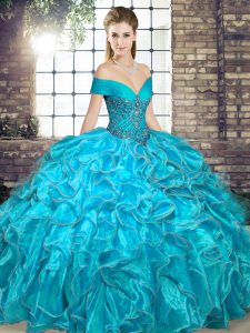 Wonderful Aqua Blue Ball Gowns Organza Off The Shoulder Sleeveless Beading and Ruffles Floor Length Lace Up 15 Quinceane