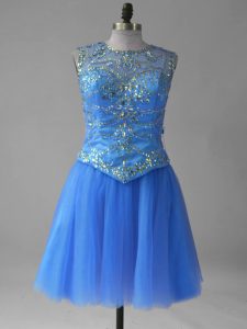 Sweet Scoop Sleeveless Prom Dresses Mini Length Beading and Sequins Blue Tulle