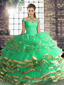 Inexpensive Turquoise Off The Shoulder Lace Up Beading and Ruffled Layers 15 Quinceanera Dress Sleeveless