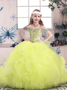 Fantastic Yellow Green Lace Up Kids Pageant Dress Beading and Ruffles Sleeveless Floor Length