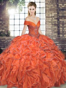 Sleeveless Floor Length Beading and Ruffles Lace Up Quinceanera Gown with Orange Red