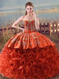 Orange Red Ball Gowns Fabric With Rolling Flowers Sweetheart Sleeveless Embroidery and Ruffles Floor Length Lace Up Quin
