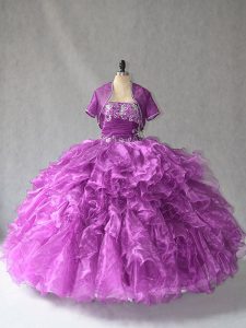 Fine Floor Length Lace Up Sweet 16 Dresses Purple for Sweet 16 and Quinceanera with Beading and Ruffles