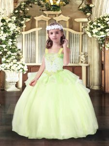 Sleeveless Floor Length Beading Lace Up Kids Pageant Dress with Yellow Green