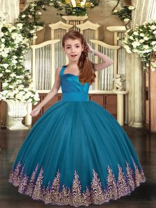 Teal Lace Up Straps Appliques and Ruching Pageant Dress Womens Tulle Sleeveless