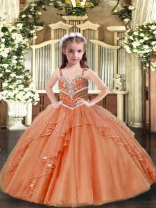 Floor Length Peach Pageant Dress for Womens Straps Sleeveless Lace Up