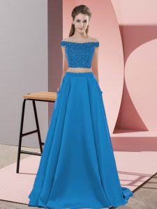 Colorful Blue Off The Shoulder Backless Beading Dress for Prom Sweep Train Sleeveless