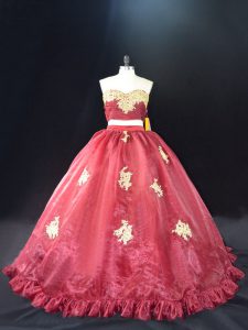 Delicate Red and Burgundy Organza Zipper Sweetheart Sleeveless 15 Quinceanera Dress Appliques