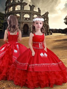 Custom Made Floor Length Red Little Girl Pageant Dress Satin and Organza Sleeveless Embroidery and Ruffled Layers