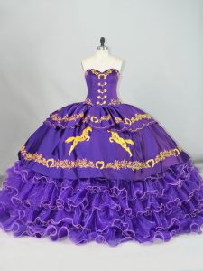 Adorable Purple Satin and Organza Lace Up Quinceanera Gown Sleeveless Brush Train Embroidery and Ruffled Layers