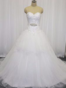 Glittering White Sleeveless Court Train Beading and Lace Wedding Gowns