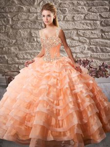 Beauteous Straps Sleeveless Court Train Lace Up Quinceanera Gown Orange Organza