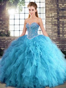 Gorgeous Tulle Sweetheart Sleeveless Lace Up Beading and Ruffles Quince Ball Gowns in Aqua Blue