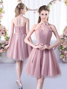 Artistic Knee Length Pink Wedding Party Dress Halter Top Sleeveless Lace Up