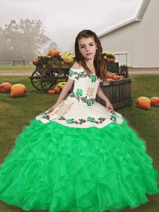 Elegant Sleeveless Floor Length Embroidery and Ruffles Lace Up Girls Pageant Dresses with Green