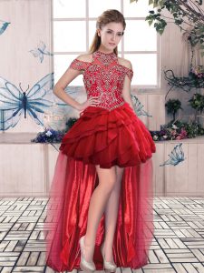 Elegant Red A-line Beading and Ruffled Layers Prom Dresses Lace Up Organza Sleeveless High Low