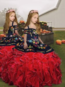 Floor Length Lace Up Little Girls Pageant Dress Red for Party and Wedding Party with Embroidery and Ruffles