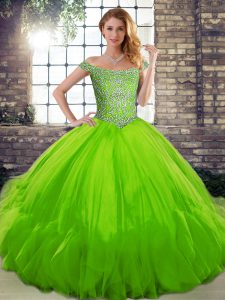 Sleeveless Tulle Floor Length Lace Up Sweet 16 Dresses in with Beading and Ruffles