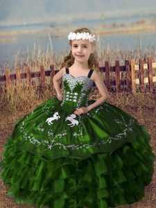 High Quality Olive Green Pageant Dress for Teens Wedding Party with Embroidery and Ruffled Layers Straps Sleeveless Lace