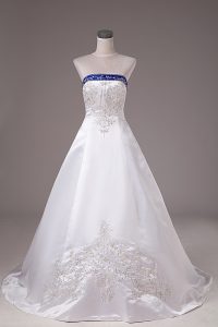 Sleeveless Satin Brush Train Lace Up Wedding Dress in White with Beading and Embroidery