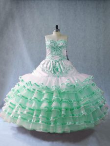 Apple Green Sweetheart Neckline Embroidery and Ruffled Layers Sweet 16 Dresses Sleeveless Lace Up