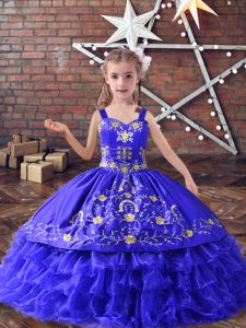 Floor Length Lace Up Little Girls Pageant Dress Blue for Wedding Party with Embroidery and Ruffled Layers